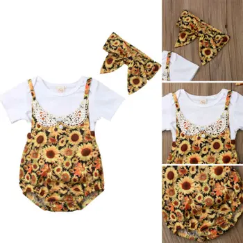 

3pcs Newborn Baby Girls Clothes Floral Ruffle Shirt Tops Shorts Headband Outfits Set