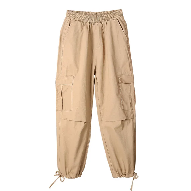 Black Khaki High Waist Cargo Pants Women Pockets Patchwork Loose