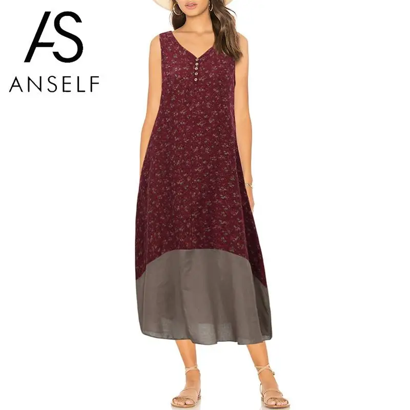 

Anself Women Cotton Linen Dress Floral Print V Neck Sleeveless Button Maxi Long Dress Plus Size Vintage Loose Beach Summer Dress