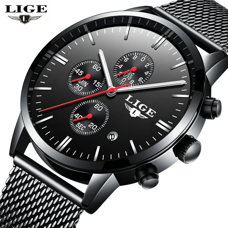 LIGE Chronograph Men's Quartz Watch Stainless Steel Mesh Band Gold Watches Slim Men Watches