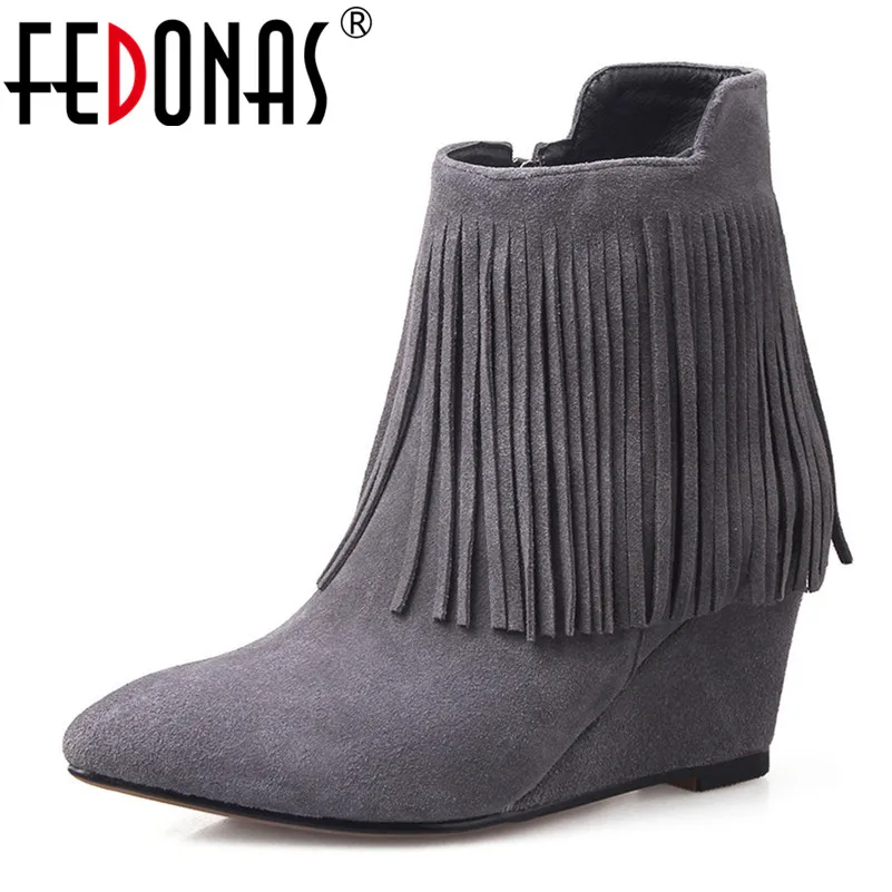 

FEDONAS Brand Ankle Boots Wedding Shoes Woman Cow Suede Autumn Winter Fashion Fringe Wowen Party Wedges High Heels Pumps New