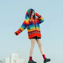 Free Shipping 2019 Rainbow Straight 100% Wool Women Plus Size M-2XL Vintage Indie Folk Thick Warm Fleece Hand Made Sweaters
