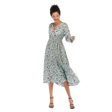 Spring Summer Dress 2019 Casual Long Dress Boho Floral Print Maxi Dress Fashion pleated V-neck slim long-sleeved chiffon Women's