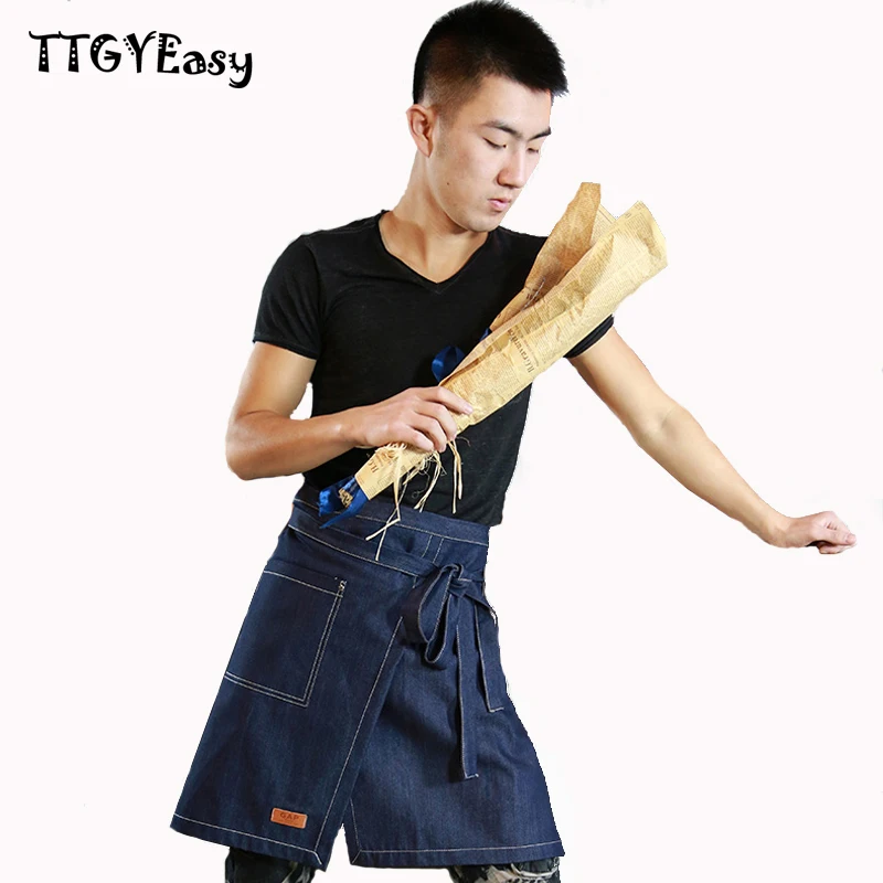 Aprons With Pockets Denim Half Body Cotton Cafe Cowboy Uniform Unisex Aprons for Woman Men Kitchen Chef Waiter Cooking WQ013