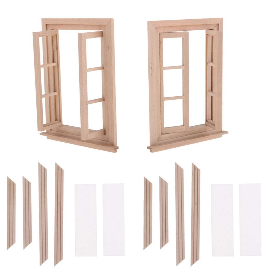 2 Set Unpainted 1/12 Dolls House Miniature Wooden Movable 6 Pane Double Window Model DIY Accessories Collections