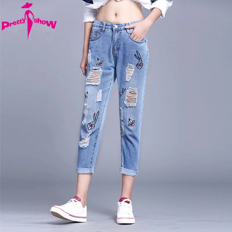 

Woman Ripped Jeans Female 2017 Spring Boyfriend Style Hole Jeans With Hole Vitage Blue Wash Denim Pants Capris Casual Jeans