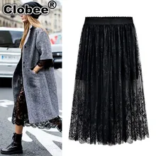 Clobee 4XL 5XL плюс Размер Женская кружевная юбка летняя Высокая уличная стильная эластичная высокая Талия свободная Туника длинная юбка со складками