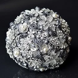 Роскошная брошь с кристаллами свадебный букет Искусственные цветы розы Свадебный букет невесты ручной работы Bling - Цвет: Серый