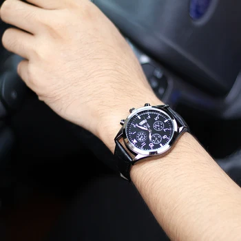 

Top fashion brand sport watch men black military quartz-watch waterproof calendar male wristwatches with genuine leather band