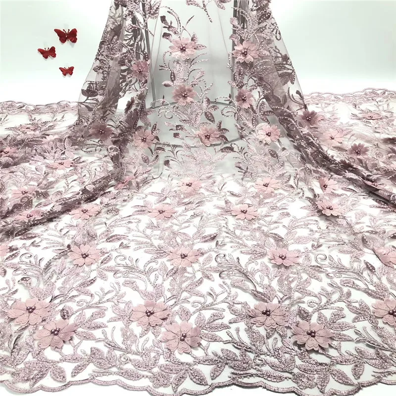 

Latest African White Blue African Lace Fabric 2019 African Tulle Lace Fabric Luxury Design With Full 3 D Flowers Gold Beads