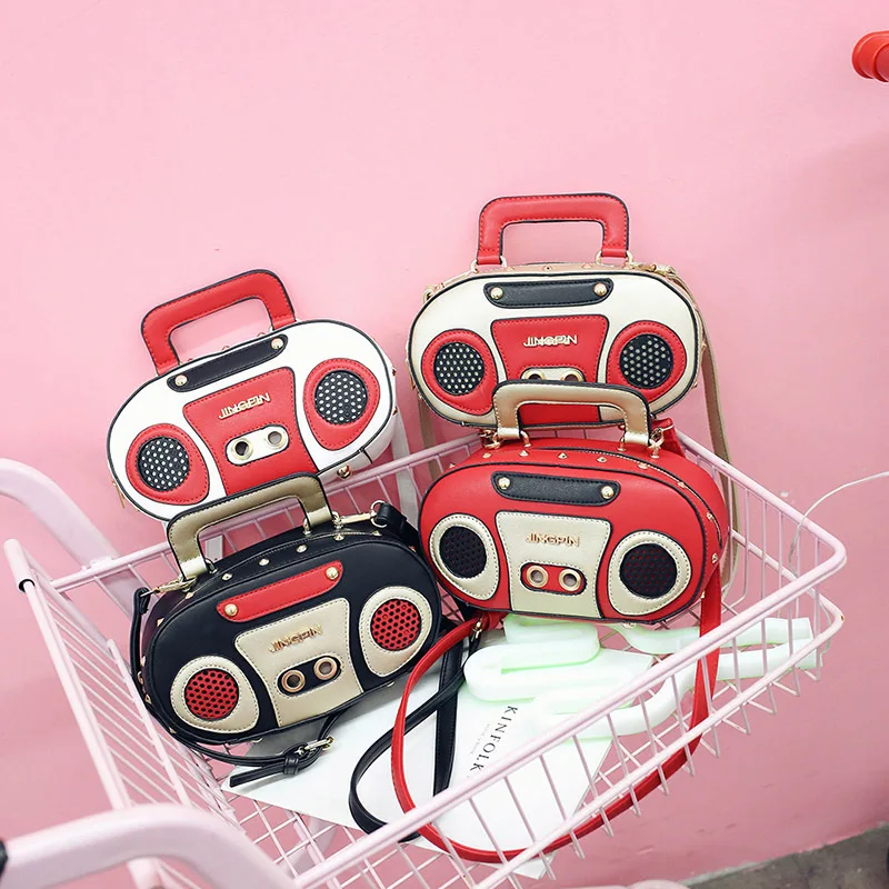 

2018 Personality Retro Radio Shape Bag Ladies Cute Leather Handbag Women Box Shoulder Bag Messenger Bag Rock Crossbody Bag