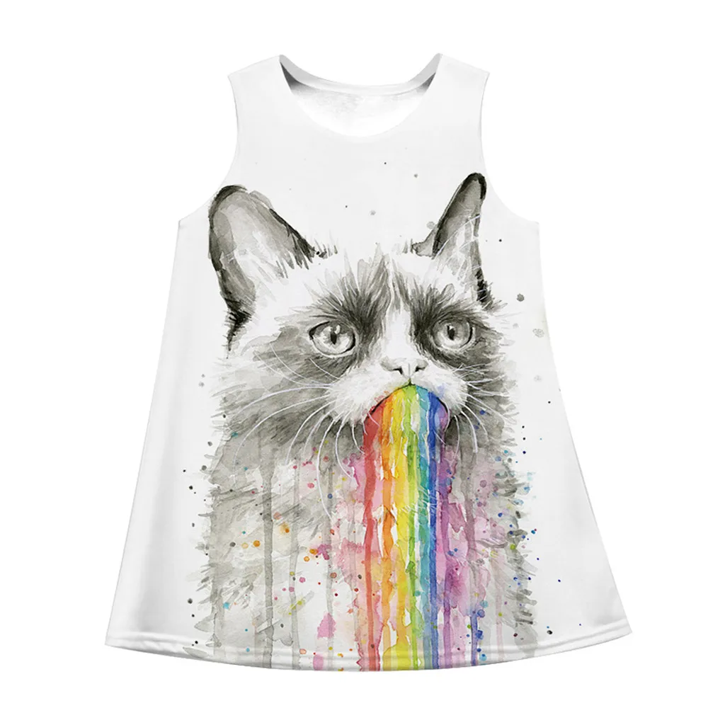 

Cartoon animal print kitten cute dress Teen Toddler Kid Girl Sleeveless 3D Cartoon Print Cartoon Dresses Casual Clothes F4