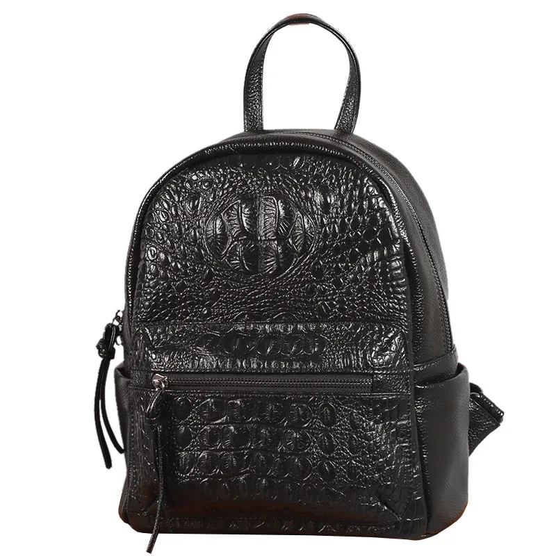 Black Crocodile Small Backpack Women Fashion Casual Travel Bag Designer Luxury Cow Leather Bag Ladies Genuine
