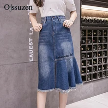 Модные Новые лоскутные юбки, джинсовые женские синие летние женские юбки, сексуальные женские джинсовые юбки с разрезом и вышитыми буквами размера плюс