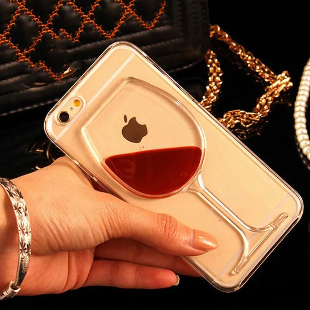 

For iPhone 7 For iPhone 4 4S 5 5S SE 5C 6 6S 7 Plus Liquid Quicksand Red Wine Transparent Phone Case Hard PC Back Cover