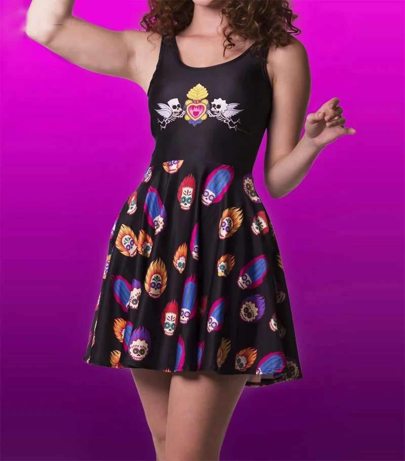 

NEW 1173 Sexy Girl Women Summer fire head skull angel heart 3D Prints Reversible Sleeveless Skater Pleated Dress