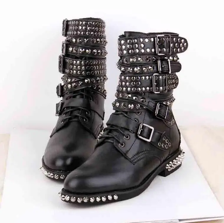 Women Spring  Autumn Full Grain Leather Rivets Half Boots Lace Up Lady Boots Fashion Low Heels Boots 20170104