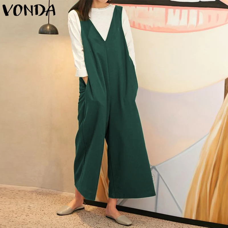 

VONDA Rompers Womens Jumpsuit Plus Size 2019 Sexy Sleeveless V Neck Loose Playsuits Wide Leg Pants Casual Vintage Overalls