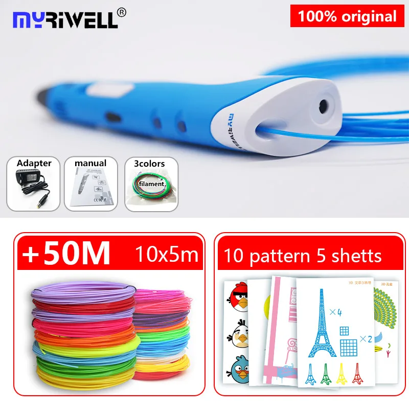 Myriwell magic 3d Pen3 d ручка для принтера и 50 м красивый цвет PLA нити подарок на день рождения ребенка/Рождественский подарок+ 10 узор - Цвет: blue ABS10color