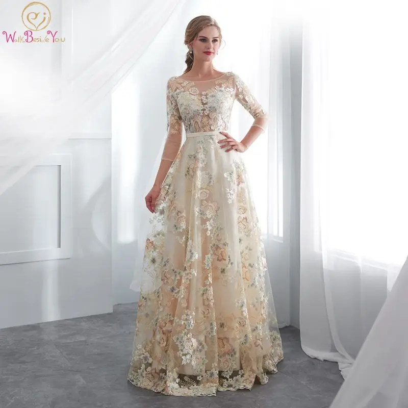 

2019 New Lace Prom Dresses Three Quarter Evening Gown Champagne Scoop A Line Bridal Elegant Simple Dubai Arabic Vestido De