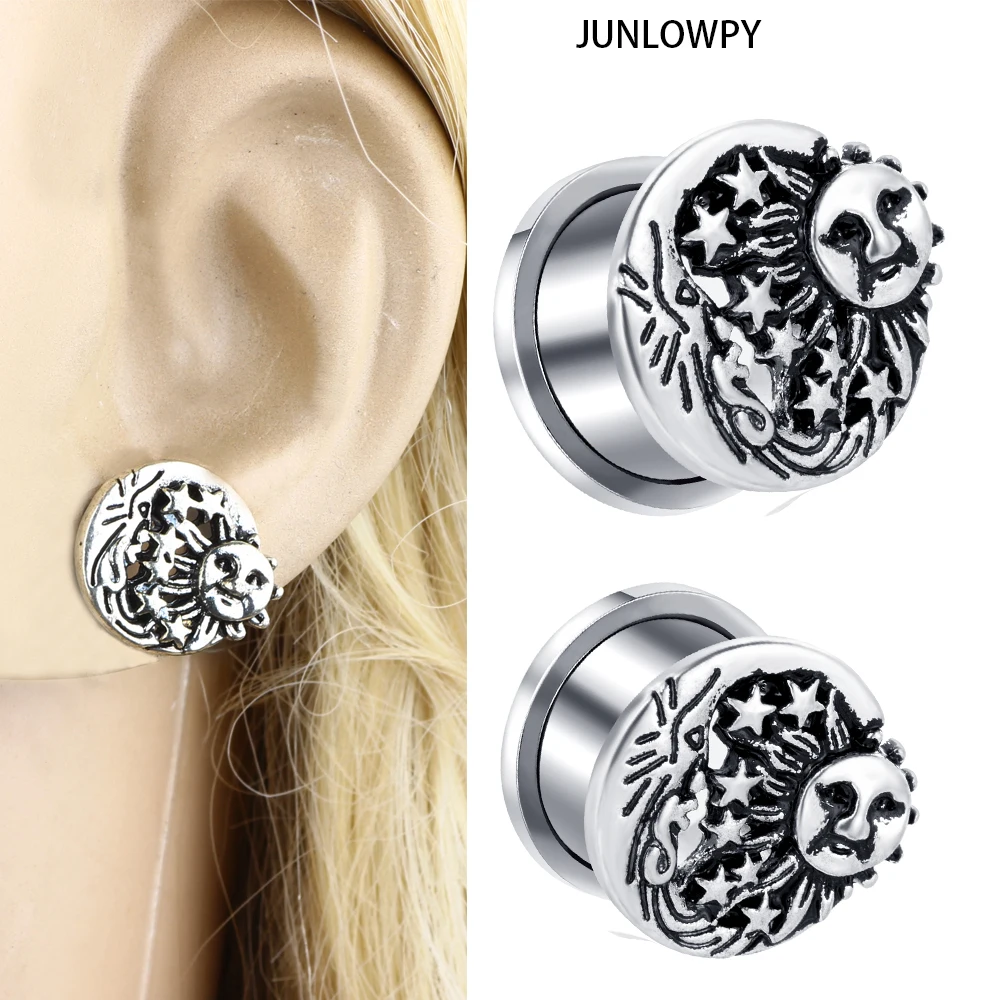 Junlowpy Screw Stainless Steel Flesh Tunnels Star Skull Ear Plugs