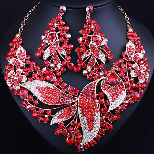 Африканские бусины ювелирные изделия Полный Кристалл Стразы в форме листа ожерелье серьги набор роскошные свадебные ювелирные наборы - Окраска металла: red