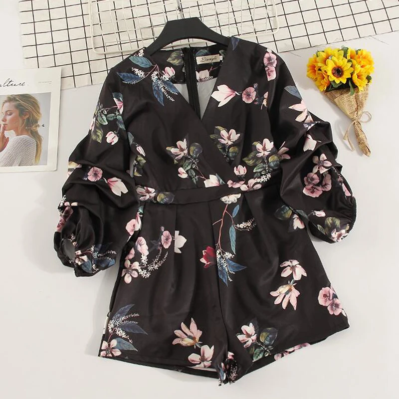 IUURANUS Women's V neck lantern sleeve Print Playsuits Lady's Vintage Autumn Summer Wide leg shorts imitation satin Jumpsuits IUURANUS Women's V neck lantern sleeve Print Playsuits Lady's Vintage Autumn Summer Wide leg shorts imitation satin Jumpsuits