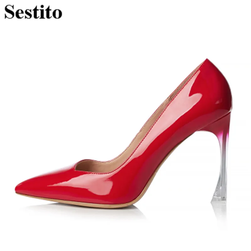 

Newest Red Transparent gradient Heels Wedding Pumps Fashion Pointed Toe Thin Heels Pumps Women Slip-on High Heels Women Shoes