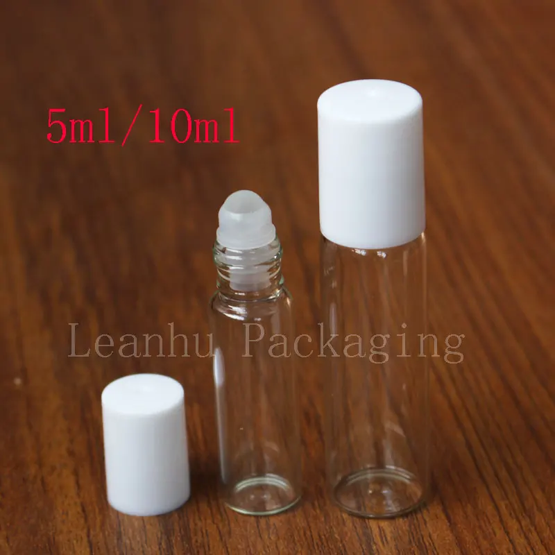 

50 X 5ml 10ml Small Roll On Glass Bottle Clear Glass Perfume Vial Plastic Cap 5CC 10CC Sample Essential Oil Roller Container