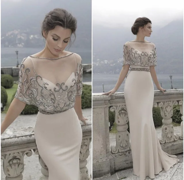 

Robe de soiree longue 2017 With Cape Beaded Mermaid Long Evening dresses Half Sleeve O-Neck Chiffon Prom Dress Vestido de noche
