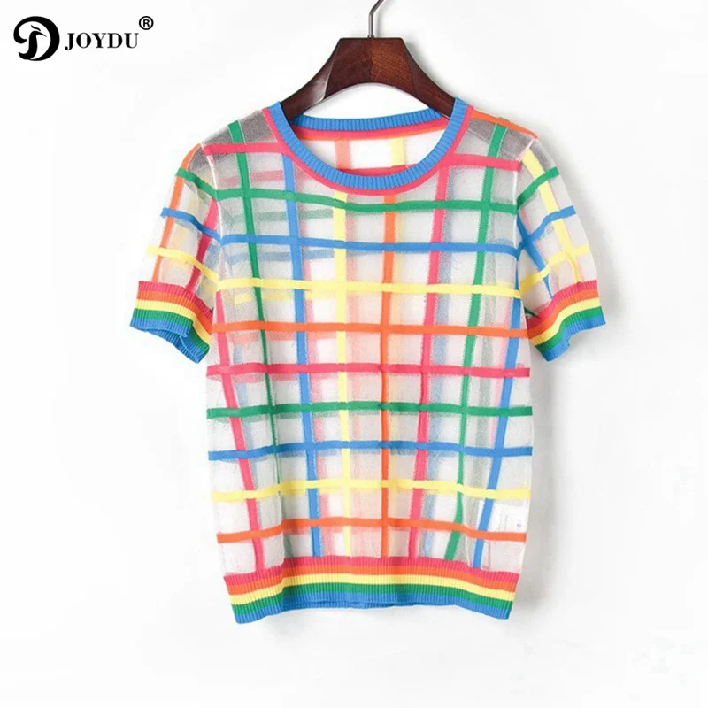 

Chic Brand Designer Summer Tops Women 2019 Colorful Rainbow Stripes Plaid Mesh Patchwork Sexy Women's T-shirts Transparent Tee