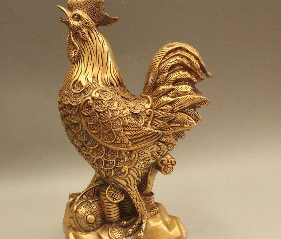 

11" Chinese Folk Feng Shui Brass Lucky Wealth Zodiac Year Rooster Cock Statue