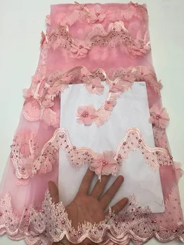 

New Design Pink 3D Lace Fabric 2018 High Quality Mesh Embroidery Applique 3D Flower Tulle Nigerian Lace Fabrics X11