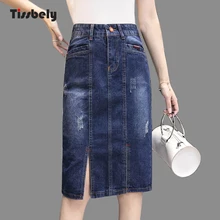 Tissbely, прямая юбка, джинсы, для женщин, высокая талия, эластичная, карандаш, с прорезями, до колена, юбка, джинсовая, для женщин, летняя