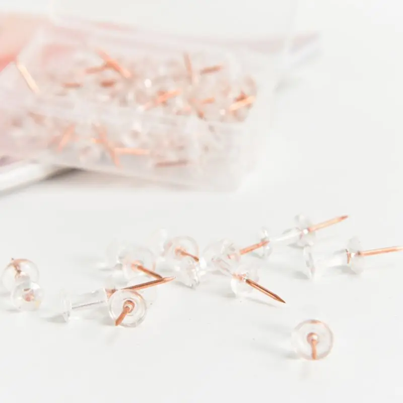 100pcs Transparent Rose Gold Thumbtack Pins Push Thumb Pin Board Pins Drawing Photo Wall Studs Office School Supplies C26