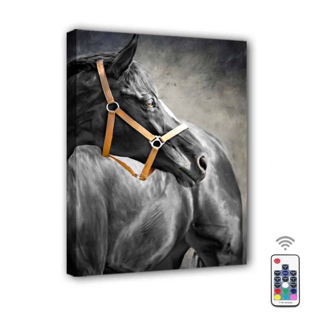 

Remote Control 7 color changing Led Canvas Wall Decorative Horses head canvas art Print and poster Illuminate painting kids gift