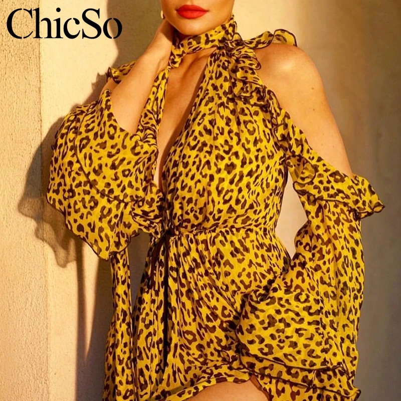 Missychilli Leopard print chiffon women playsuit Off shoulder V neck lace up romper Flare Sleeve party summer holiday jumpsuit