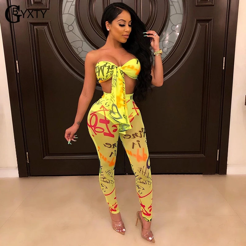 

GBYXTY Sheer Mesh Beach Sets Graffitii Letter Print Women Sexy Front Tie Up Crop Top and Pants 2 Two Piece Set Club Outfit ZL382