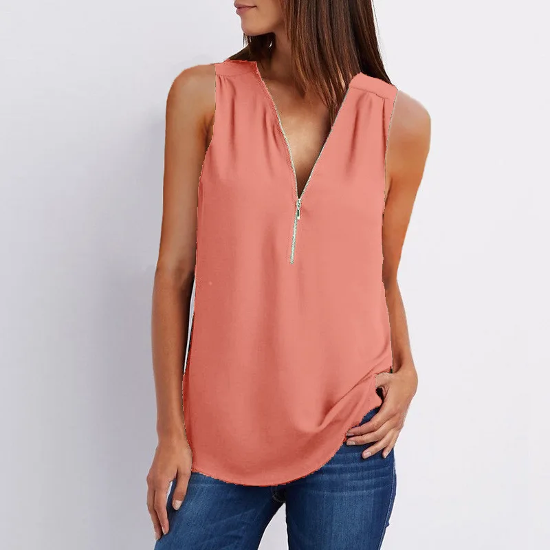 Plus Size S-5XL Chiffon Blouse Women Shirt Summer Sexy Sleeveless V Neck Zipper Blusas Casual Loose Tees Tank Tops Ladies Shirt womens shirts Blouses & Shirts