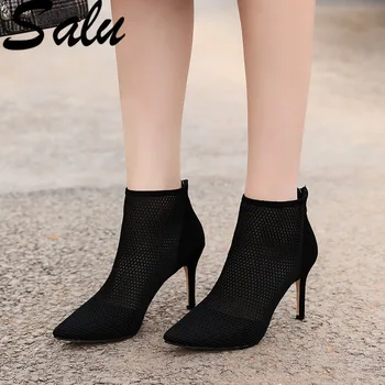 

Salu 2020 Boots Women Fashion Womens Ankle Boots Mesh Shoes Sexy High Heels Lady Zipper Shoe Female Shoes Woman Size 40