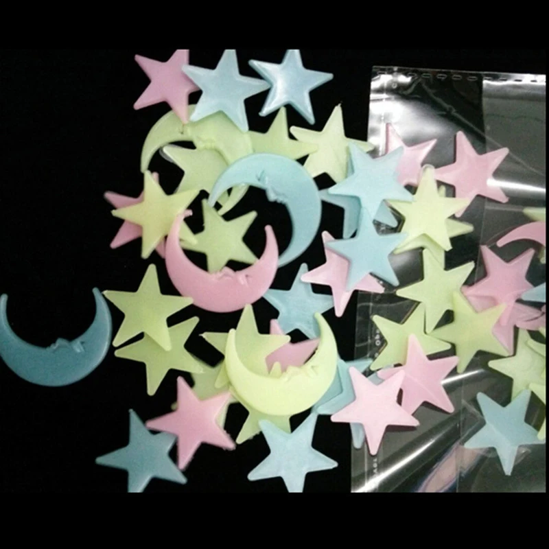 

2.5cm 100pcs/bag Wall Stickers 3D Luminous Stars and Moon Wall Stickers for Kids Baby Room Artist Home Decor QT03