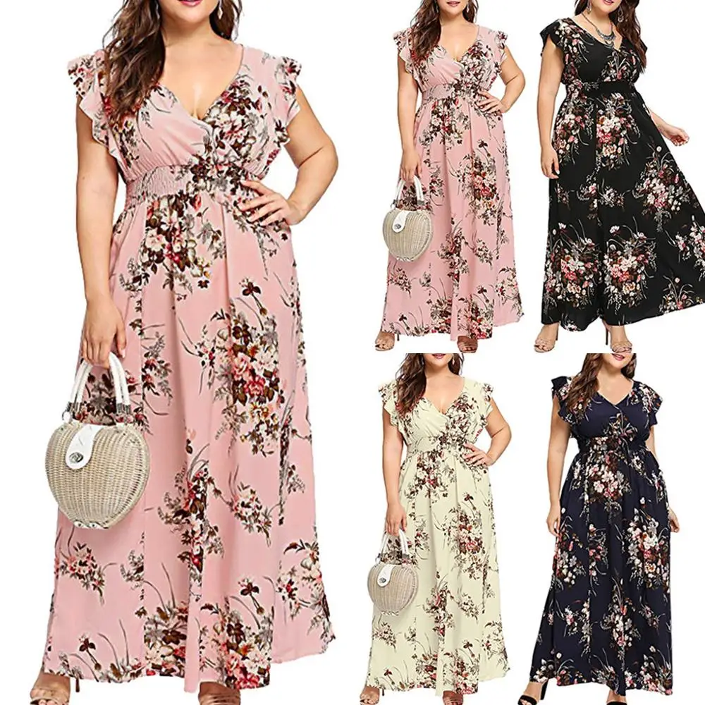 

Womens maxi dress Fashion Plus Size Summer V Neck Floral Print Boho Sleeveless Party long Maxi Dress 2109