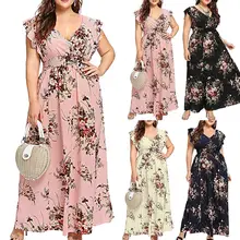 Womens maxi dress Fashion Plus Size Summer V Neck Floral Print Boho Sleeveless Party long Maxi Dress 2109 floral long sleeves v neckline womens maxi dress