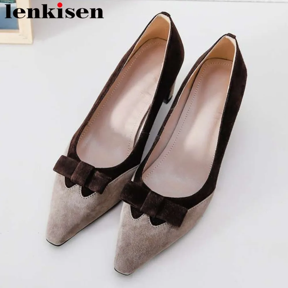 

Lenksien European style high heels square toe mixed color genuine leather slip on buterfly-knot decoration office suit pumps L12