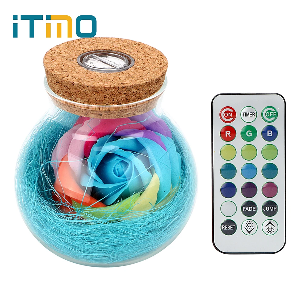 

ITimo LED Romantic Bulb Night Light With Remote Control RGB Dimmer Lamp For Mom Lady Girls Rose Flower Bottle Light Great Gift