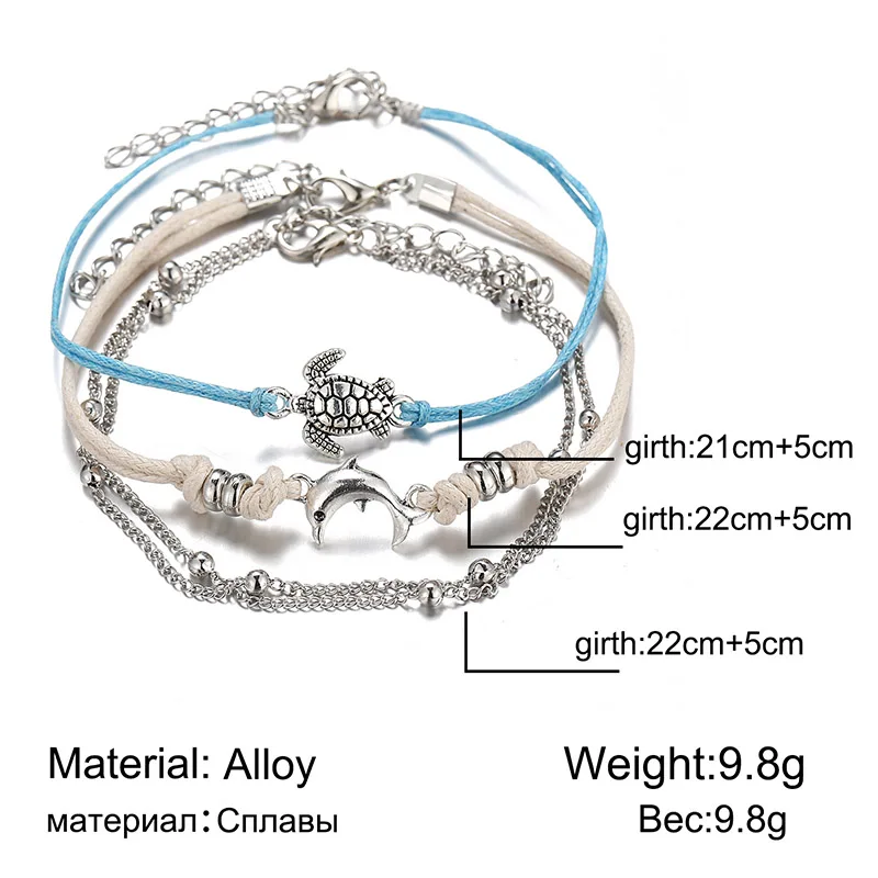 Модные Винтажные Многослойные пляжные черепахи дельфины Шарм Набор ножных браслетов для женщин Блестящая серебряная цепочка с бисером на лодыжку Браслеты ювелирные изделия