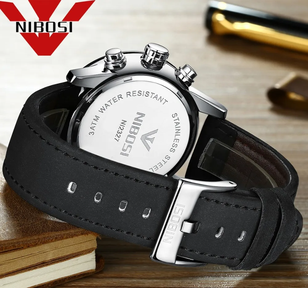 NIBOSI Sport Leather Watches Mens Top Luxury Brand Military Watch Reloj Hombre Waterproof Quartz Wr