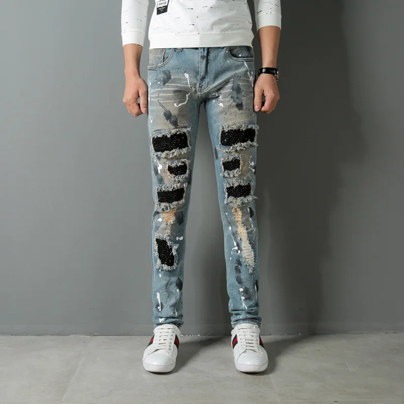 High Street Fashion Men Jeans Punk Style Slim Fit Stretch Hip Hop Destroyed Ripped Jeans Homme Balplein Brand Biker Jeans Men destroyed slim fit biker jeans
