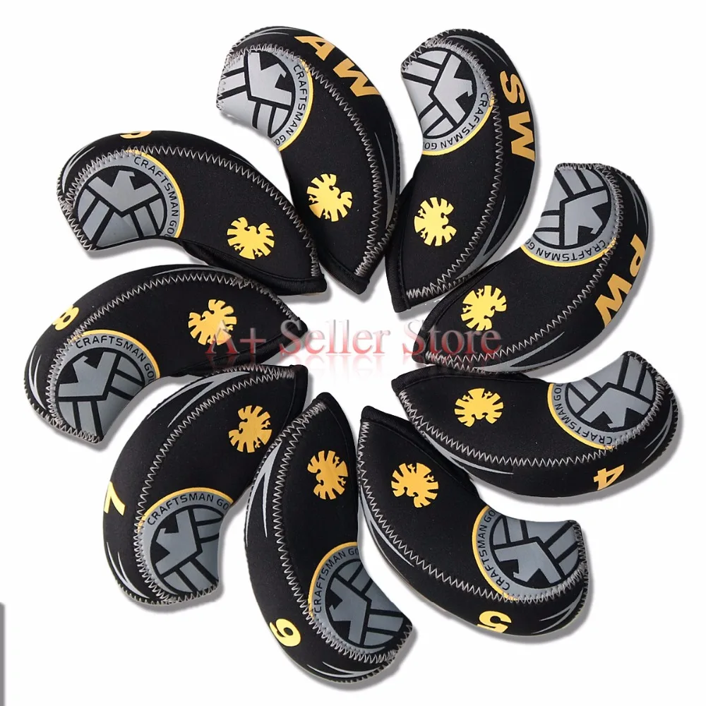 Free Shipping New 9pcs/set Black&Yellow Color Golf Iron Head Covers