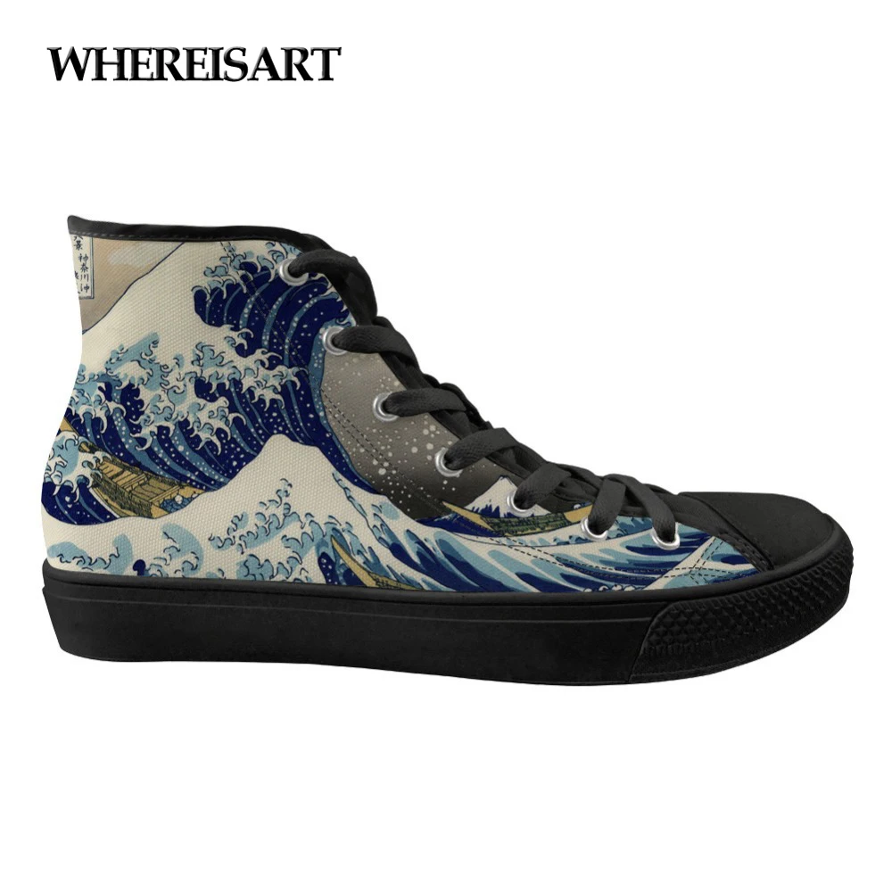 

WHEREISART Flats Ladies Shoes 3D Wave Print High Top Canvas Women Shoes Lace Up Comfortable Casual Women's Sneakers Shoes Woman